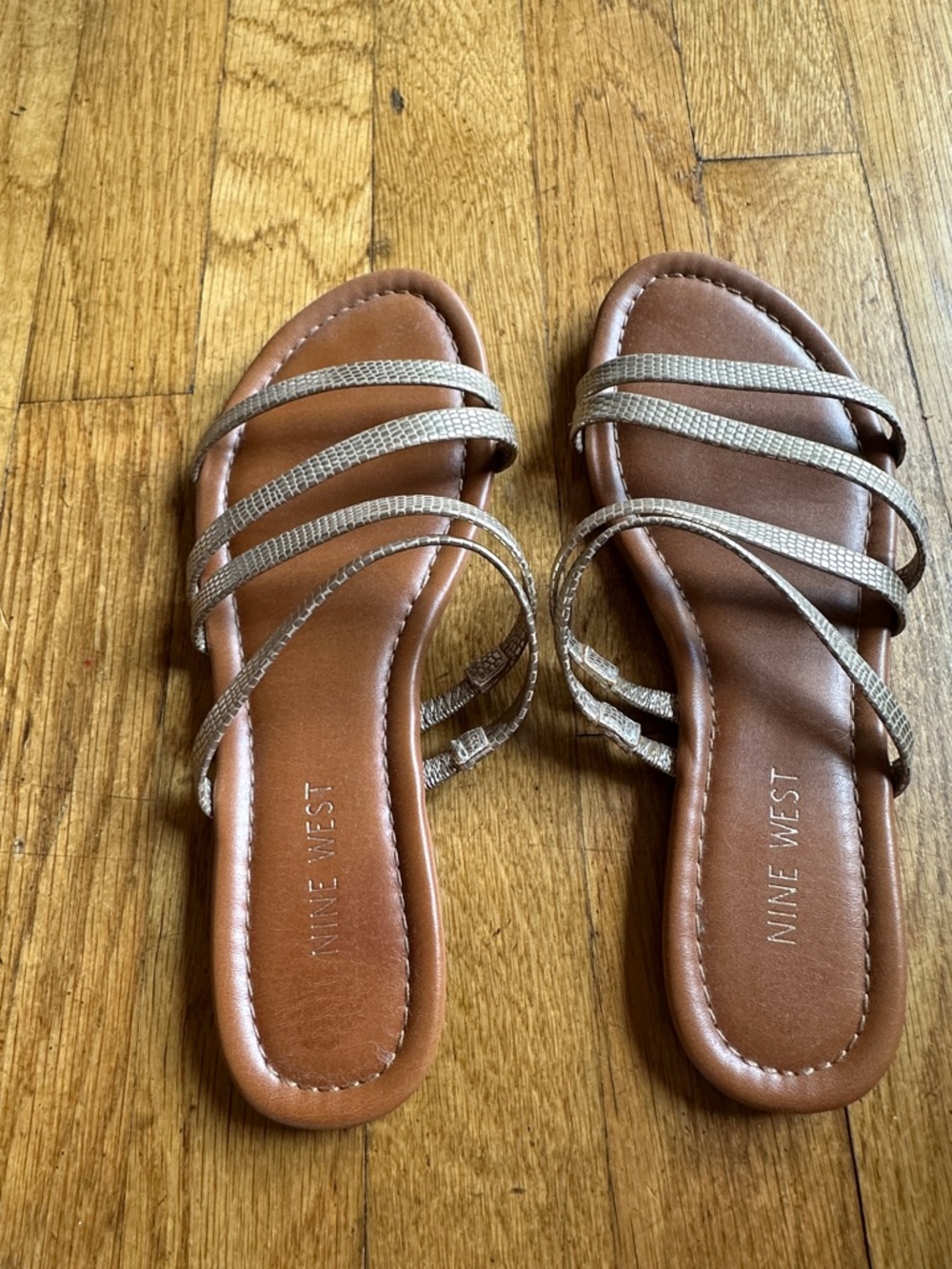 Nine West Brown Slide Sandals with Metallic Strappy Accents